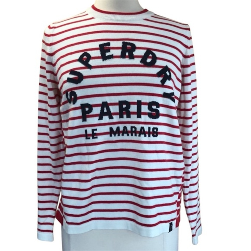 Superdry LeMaria’s cotton White & Red Stripe knit sweater Paris logo SizeMedium